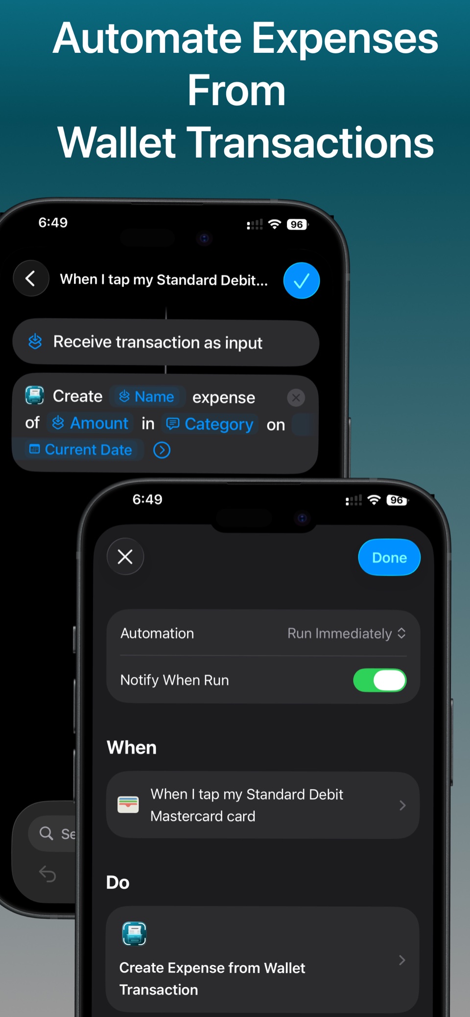 Apple Shortcuts automation creating a Receiptly expense from a Wallet transaction