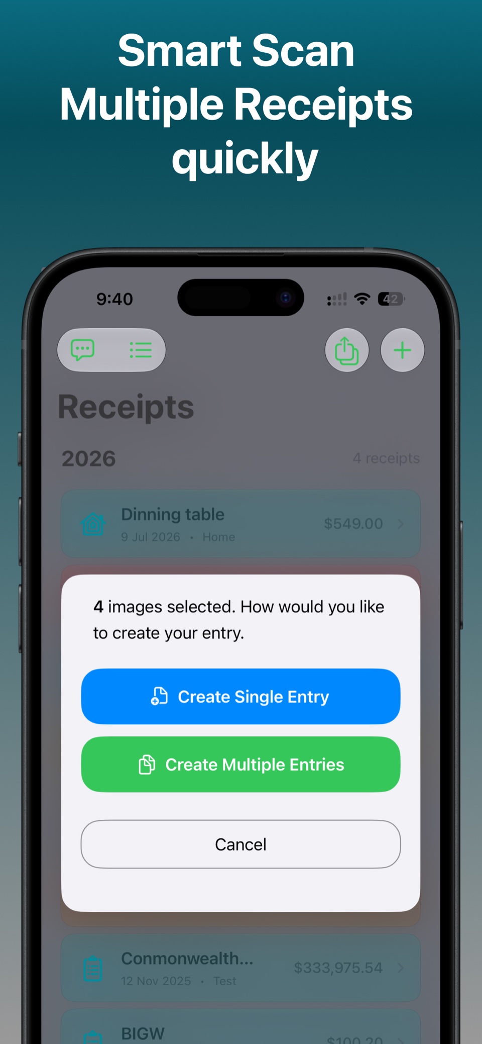 Receiptly batch receipt scanner creating multiple entries from four selected images
