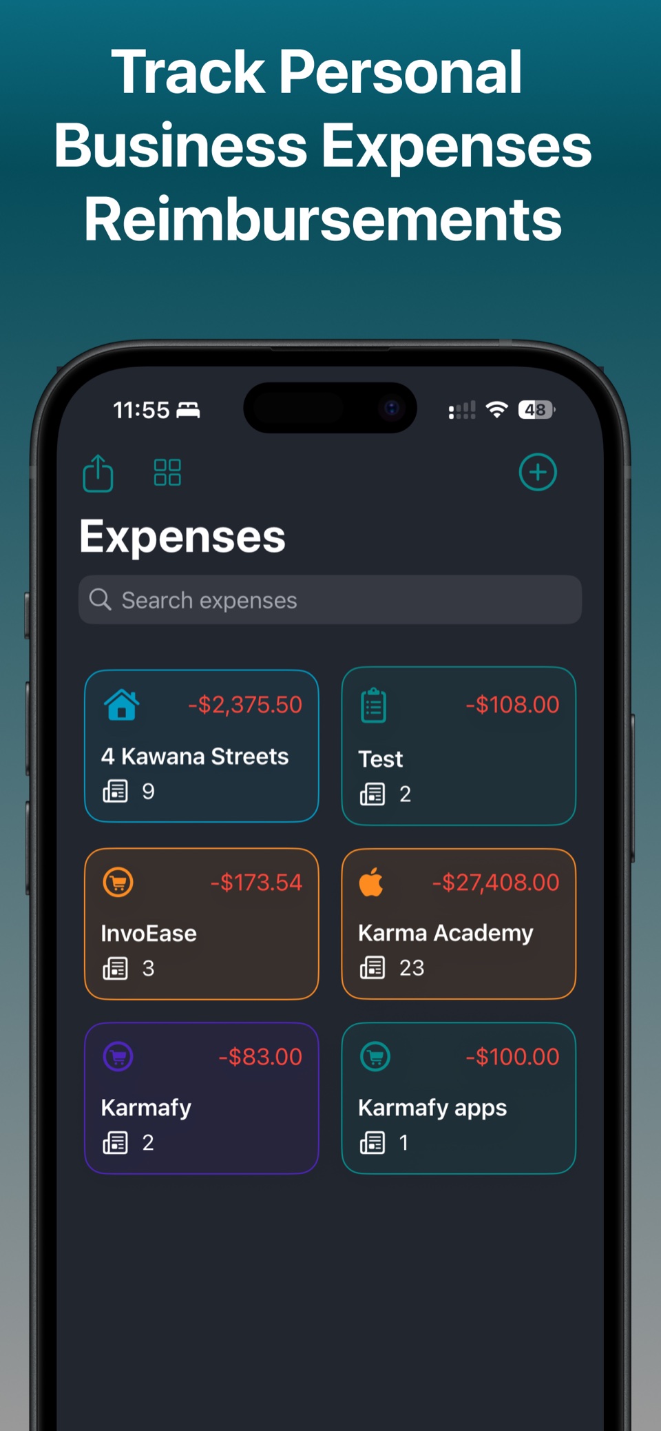 Receiptly expense tracker grouped by personal and business categories