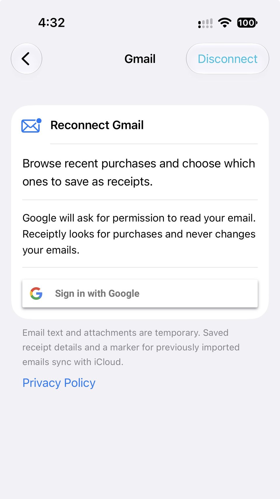 Receiptly Gmail integration on iPhone with Sign in with Google, for choosing purchase emails to save as receipts