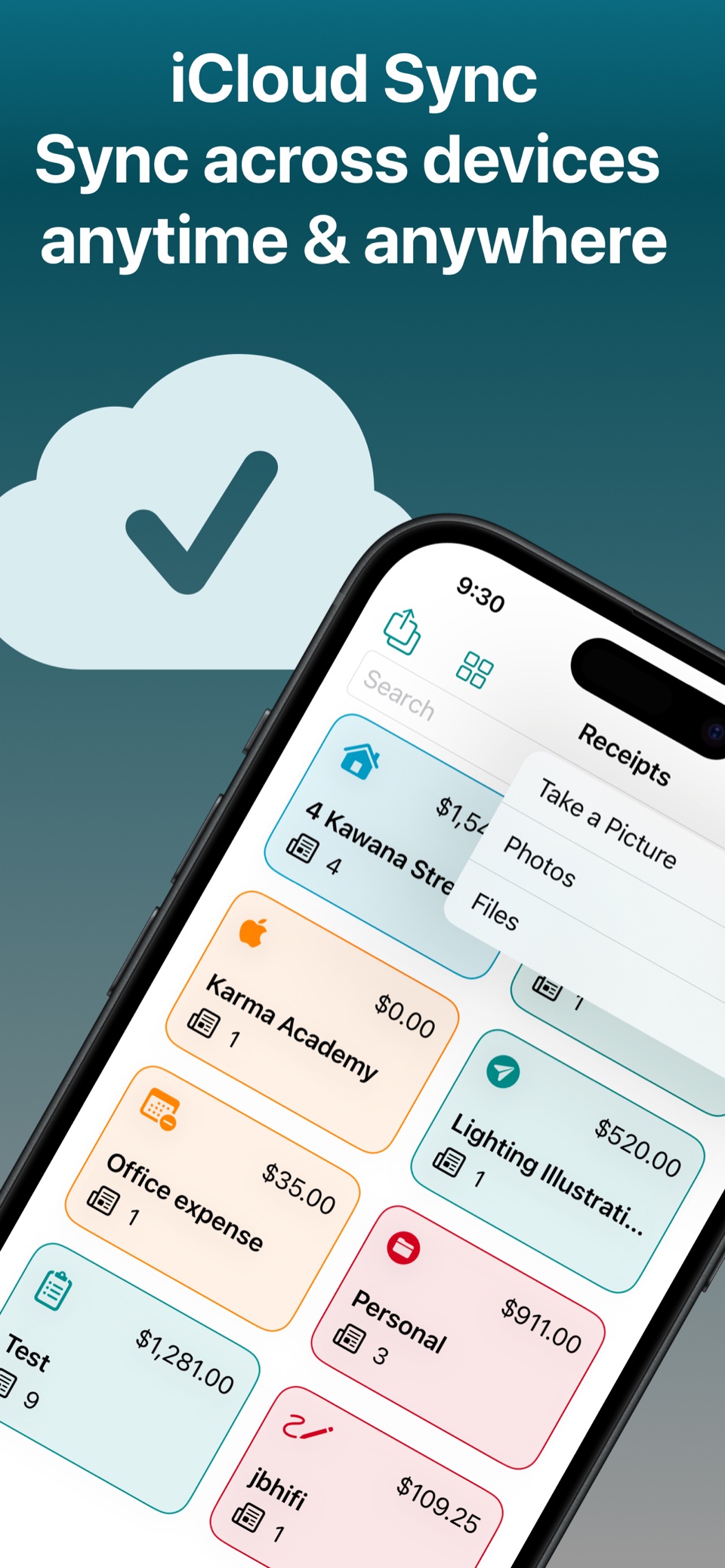 Receiptly receipt organizer with optional iCloud sync on iPhone