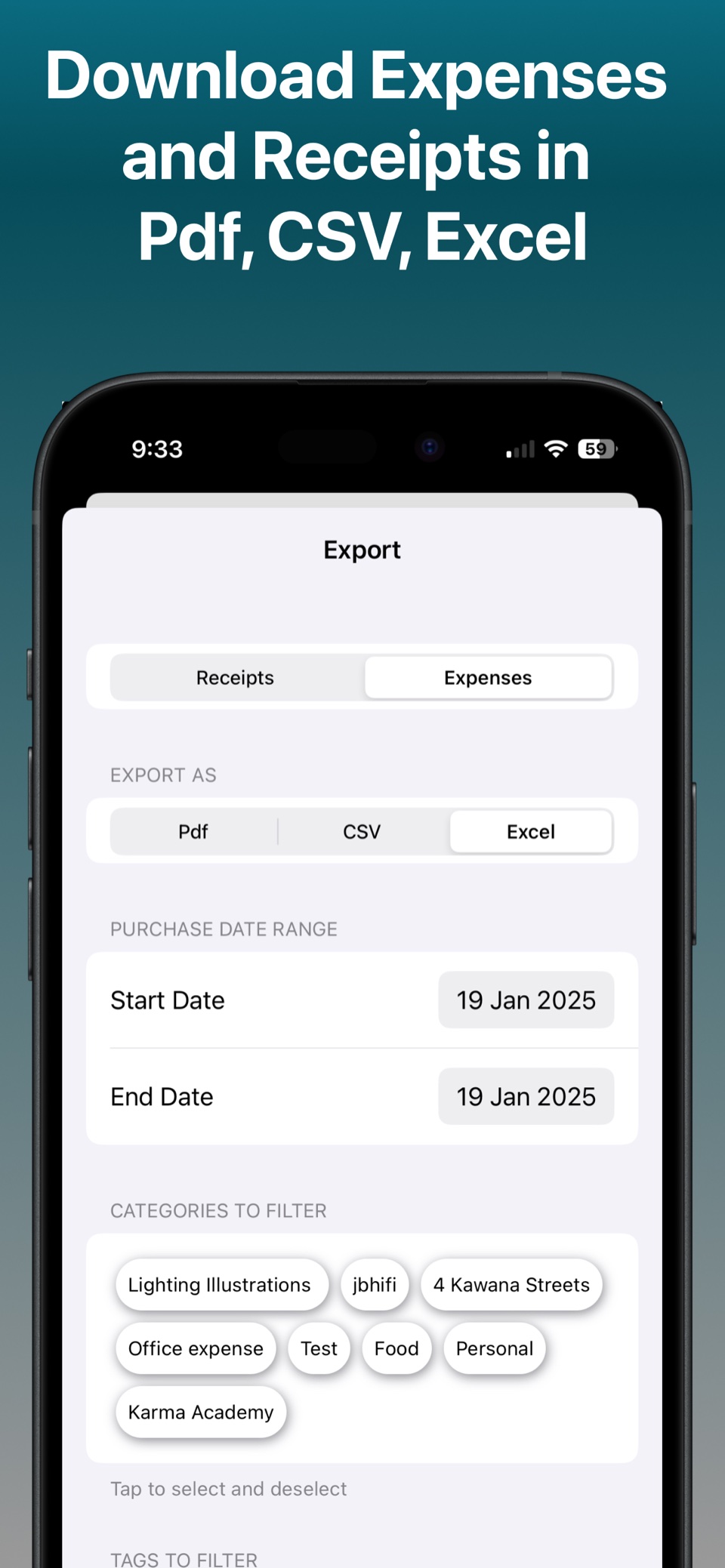 Receiptly export screen with PDF, CSV and Excel options and filters