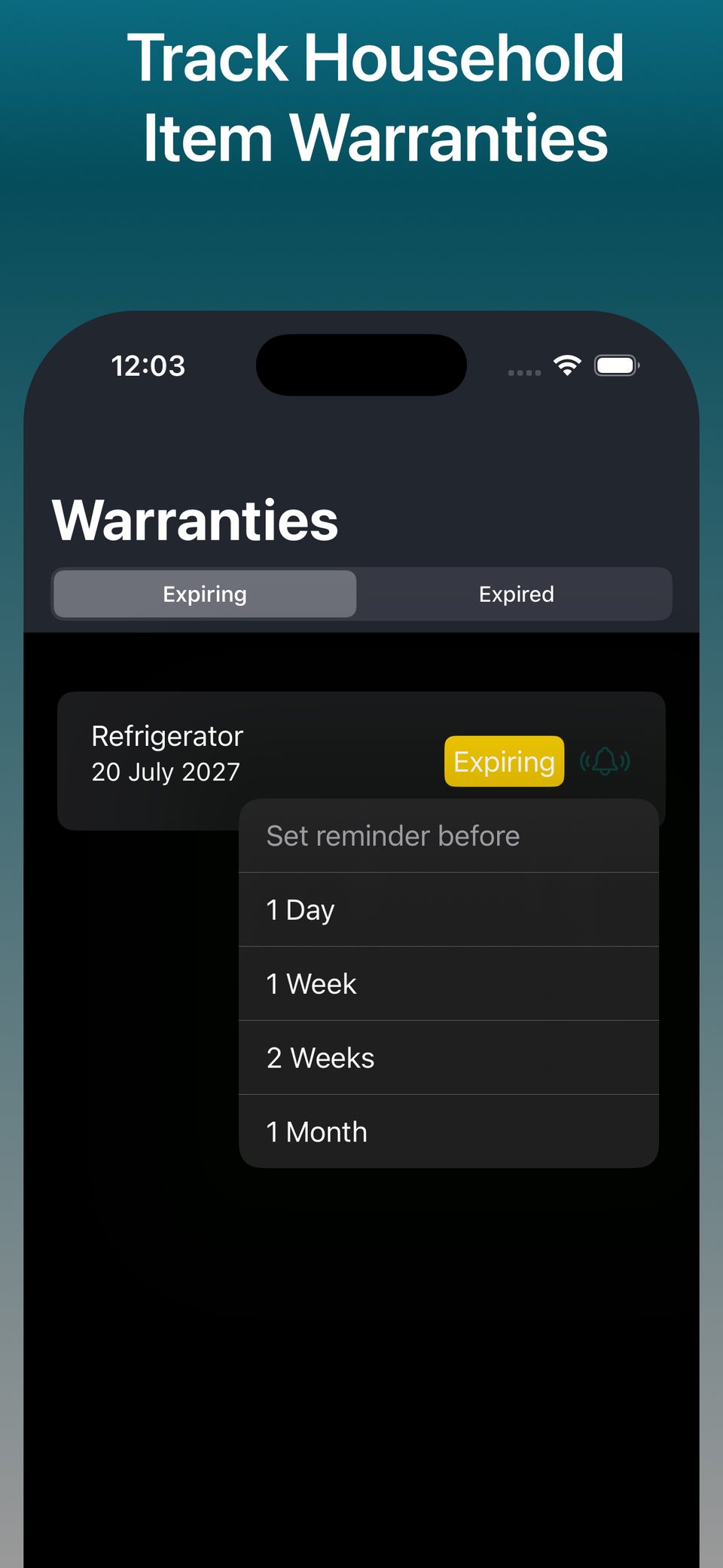 Receiptly Warranties screen on iPhone showing an expiring refrigerator warranty and reminder options