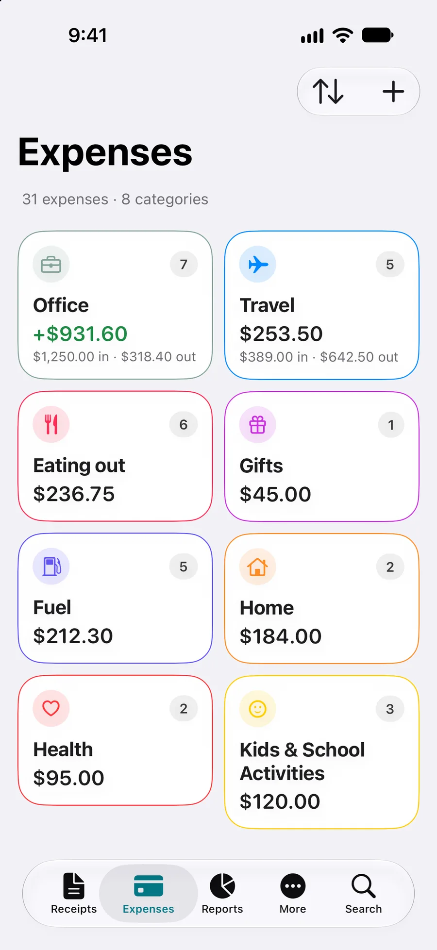 Receiptly expenses on iPhone grouped by category, with money in and out for Office and Travel