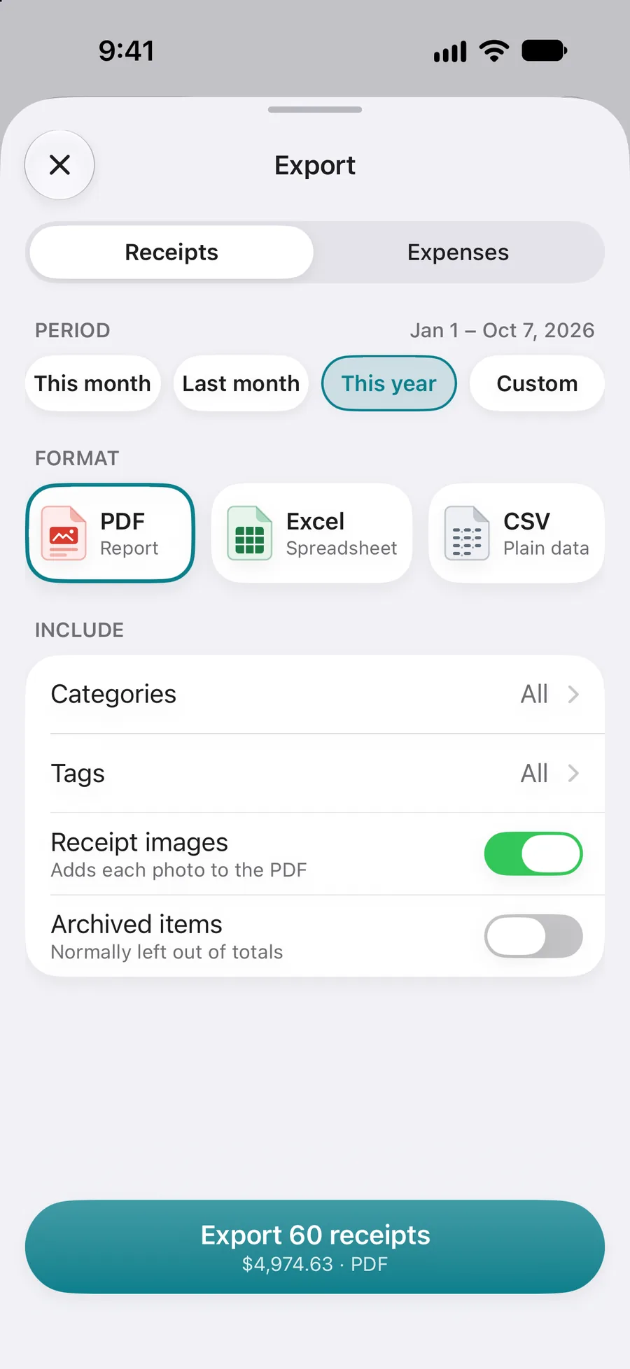 Receiptly export screen on iPhone: receipts for this year as a PDF report, Excel spreadsheet or CSV, with categories, tags and receipt images included