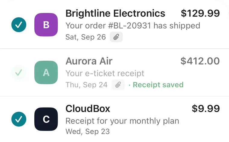 Purchase emails found by Receiptly's Gmail import, with two selected and one already saved as a receipt