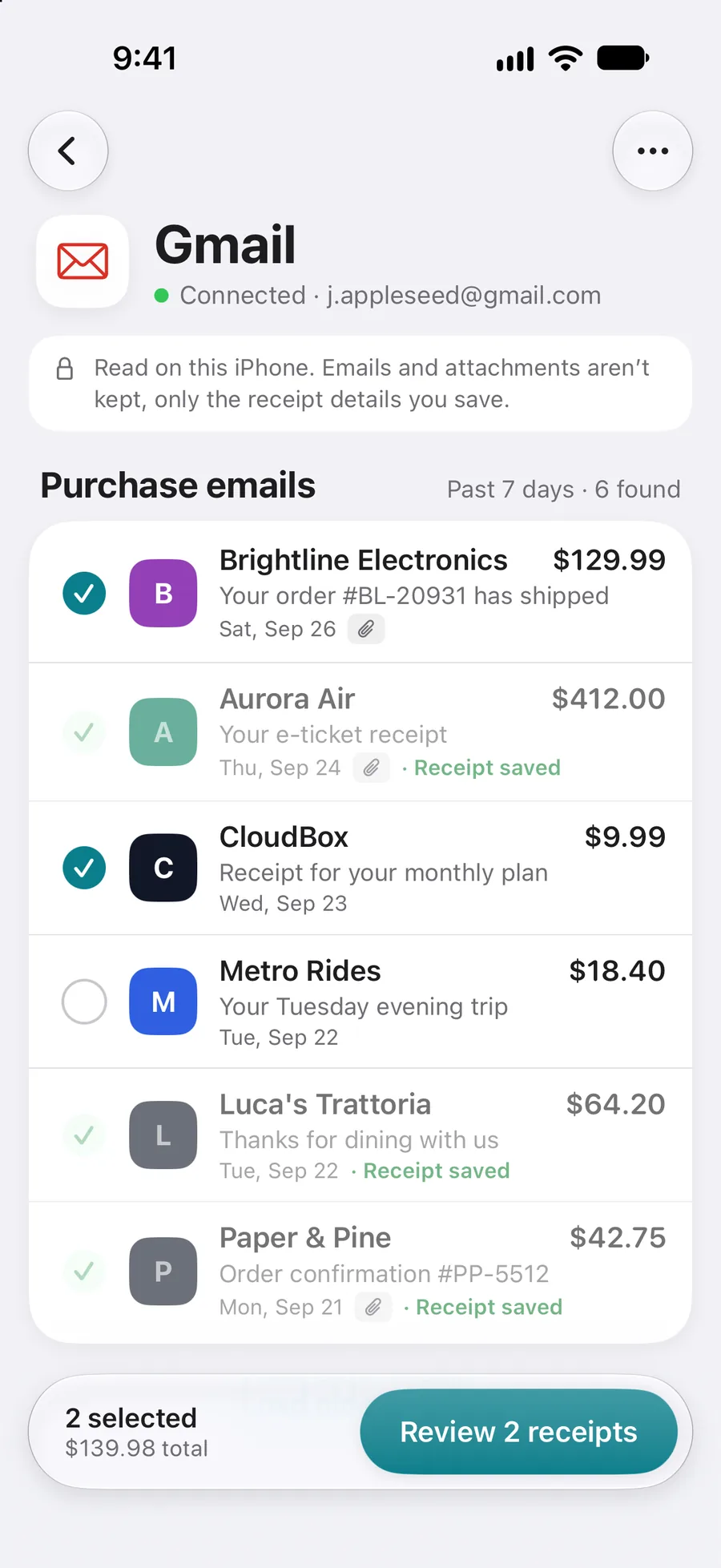 Gmail purchase emails ready to save as receipts
