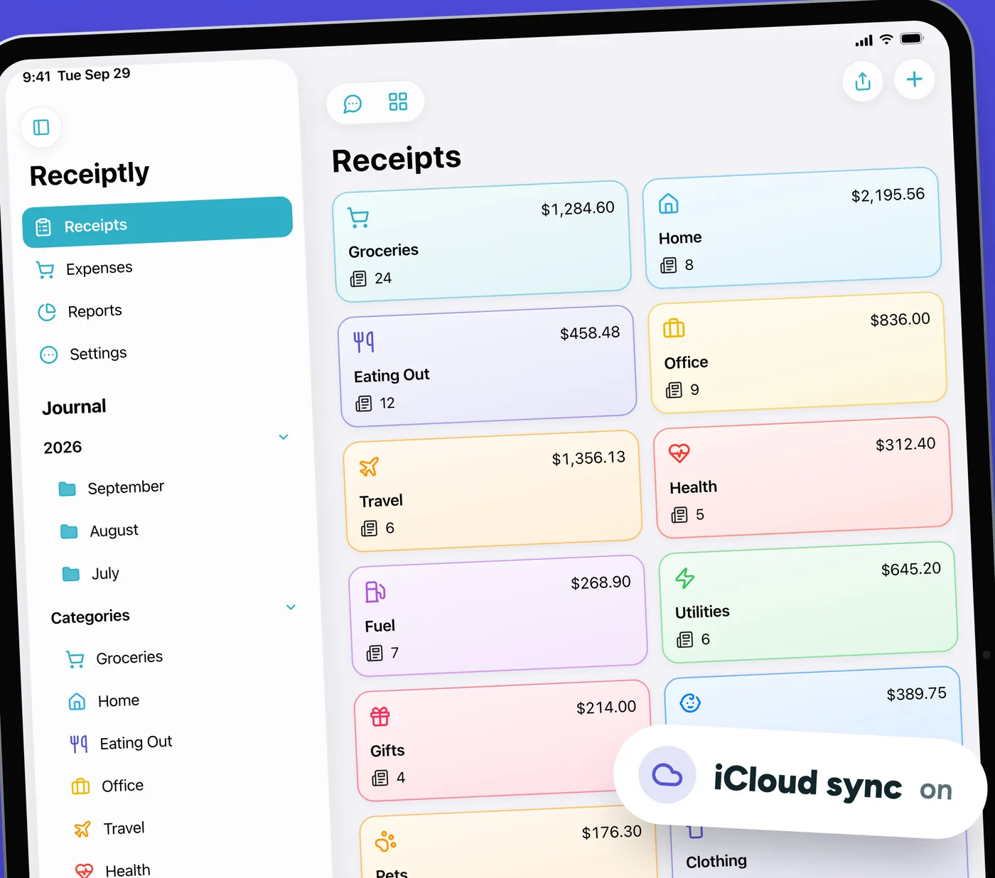 Receiptly on iPad: a sidebar with Receipts, Expenses, Reports, Settings, the journal by month and categories, beside a grid of category cards, with iCloud sync on