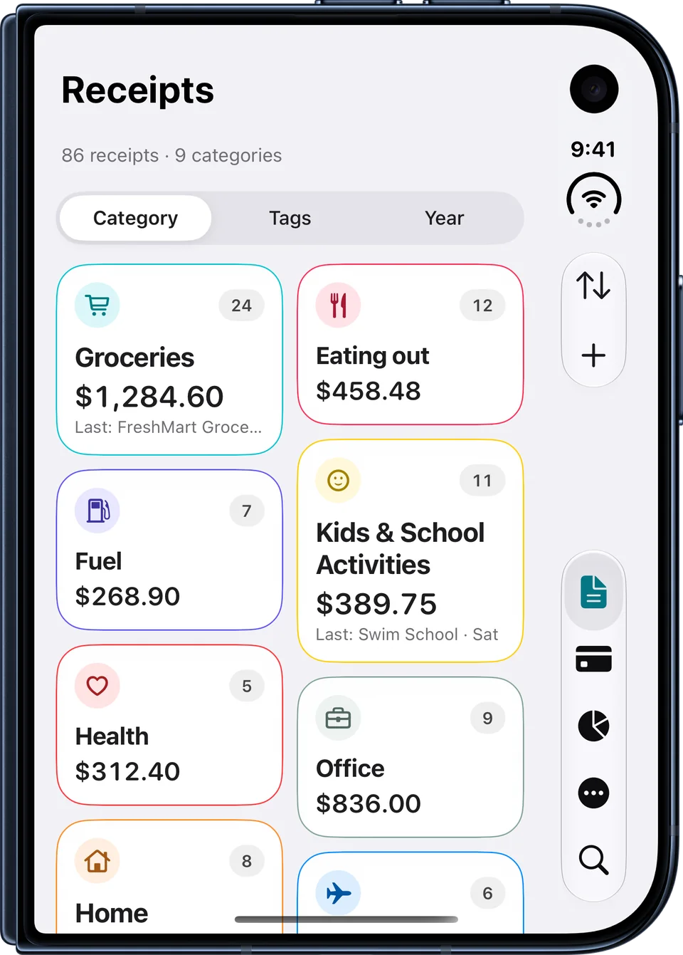 Receiptly on iPhone Duo folded: the Receipts screen with category cards and the tab bar in a column on the right edge