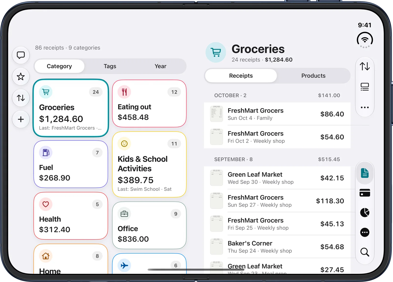 Receiptly on iPhone Duo open: receipt categories on the left half and the Groceries receipt list on the right half