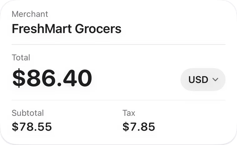 Receipt amounts card: merchant FreshMart Grocers, total $86.40 in USD, subtotal $78.55 and tax $7.85