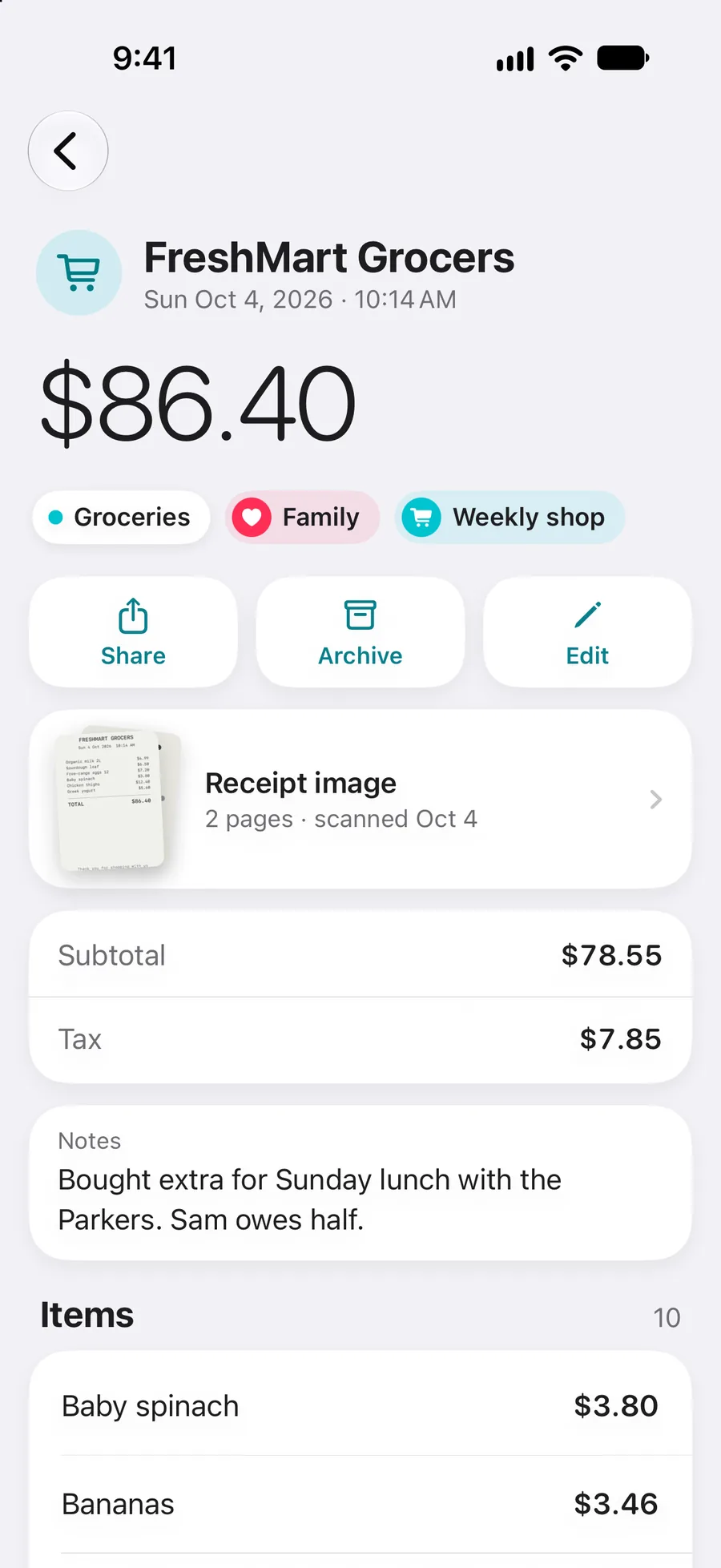 A receipt in Receiptly: FreshMart Grocers, $86.40, Groceries category, Family and Weekly shop tags, Share, Archive and Edit buttons, the receipt image, subtotal, tax, notes and items