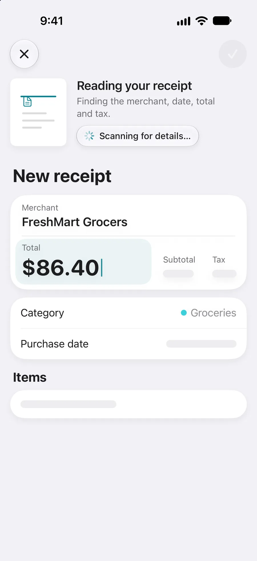 Receiptly reading a receipt on iPhone: the merchant and total appear while it scans for the subtotal, tax, purchase date and items