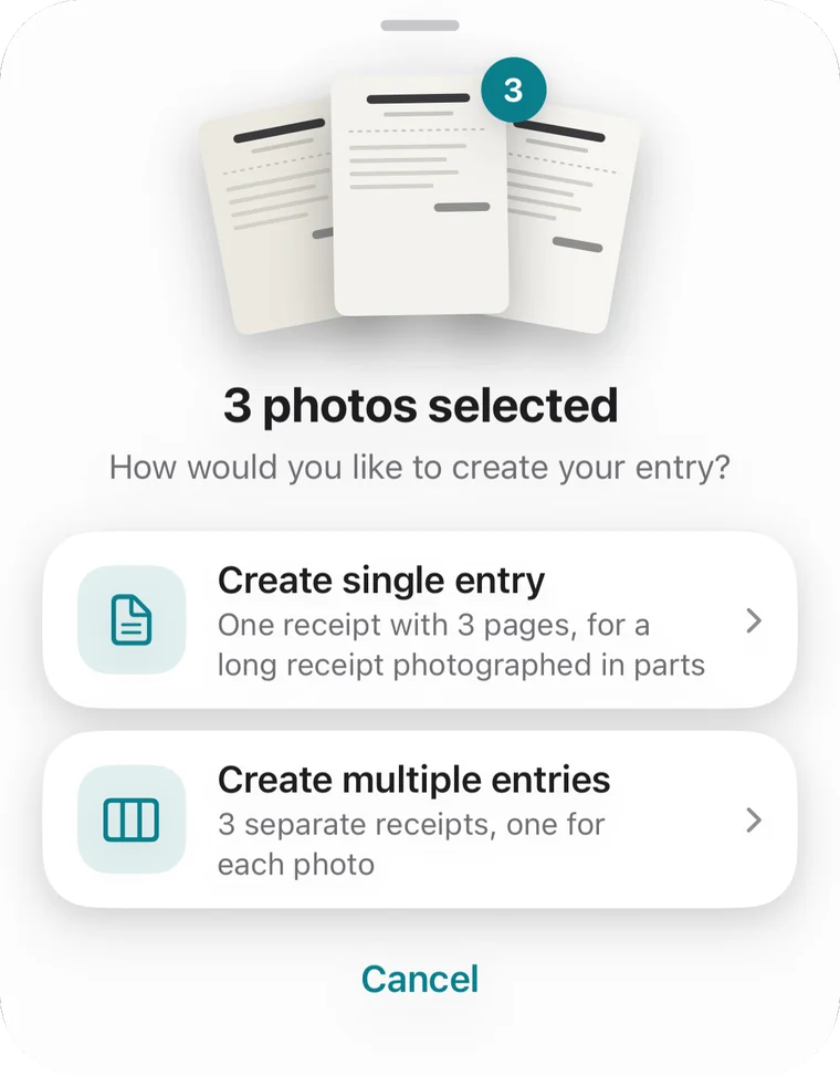 Receiptly sheet after selecting three photos, offering to create a single entry with three pages or three separate receipts