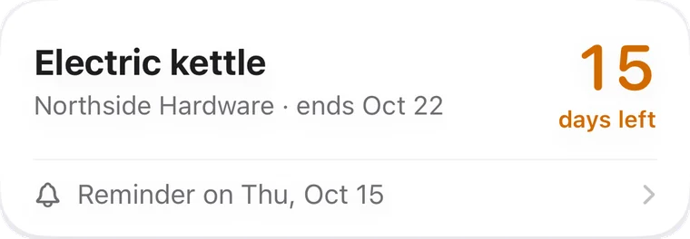 Warranty reminder card: electric kettle from Northside Hardware, 15 days left, reminder on Thursday 15 October