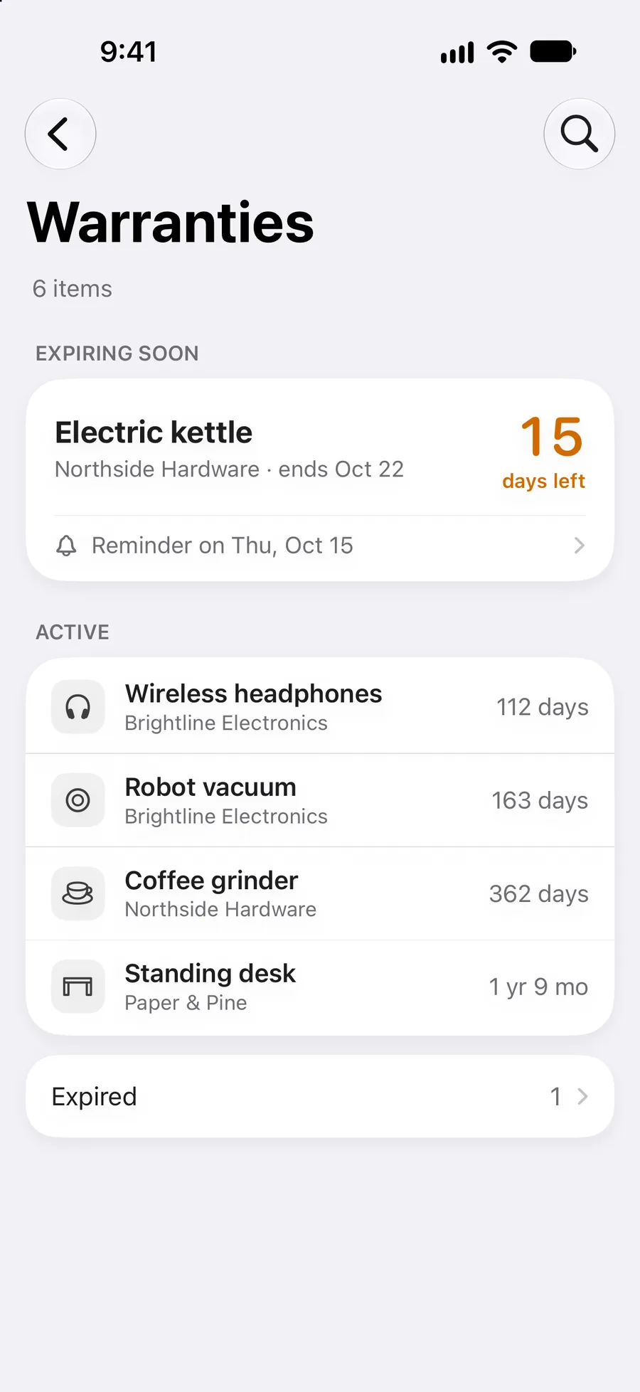 Warranties expiring soon, active and expired