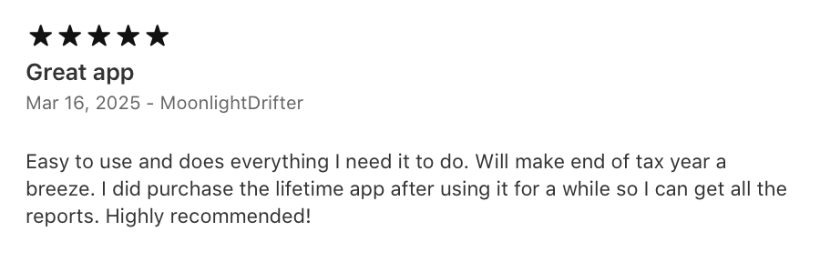 App Store customer review 1 of the Receiptly receipt scanner app