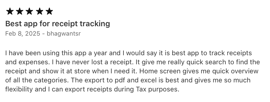 App Store customer review 3 of the Receiptly receipt scanner app