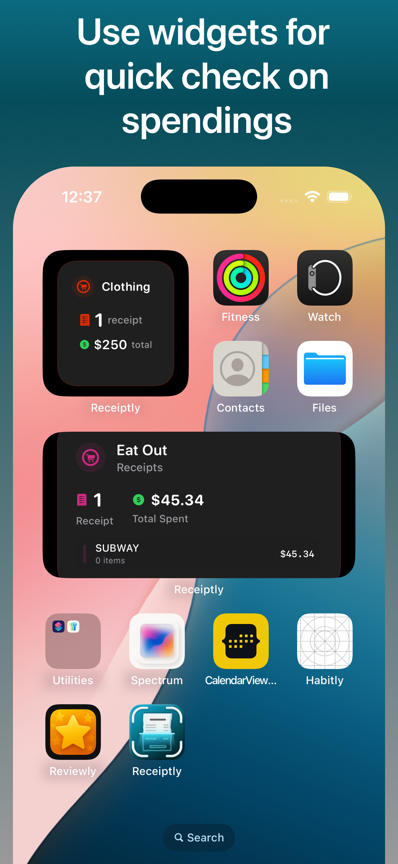 Receiptly iOS widgets showing spending summary and warranty tracking